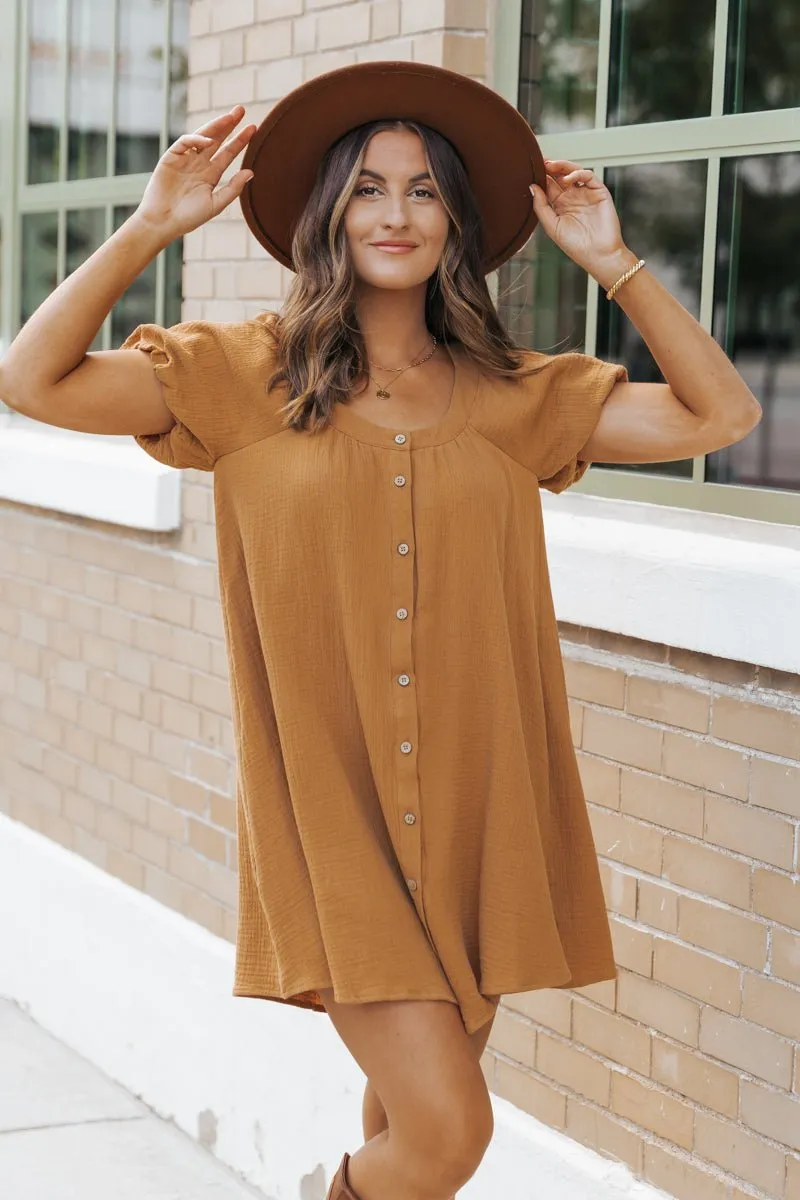 Camel Puff Sleeve Button Down Mini Dress