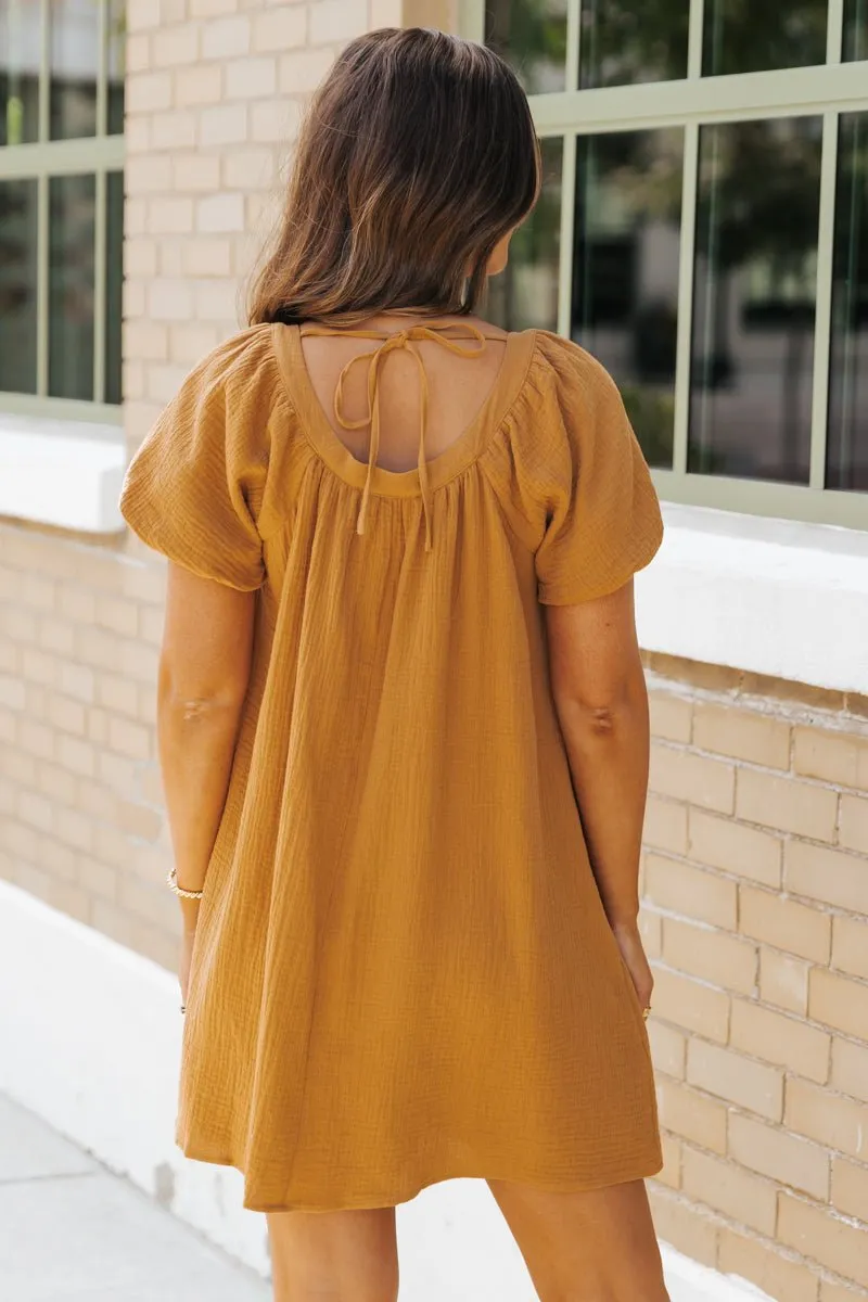 Camel Puff Sleeve Button Down Mini Dress