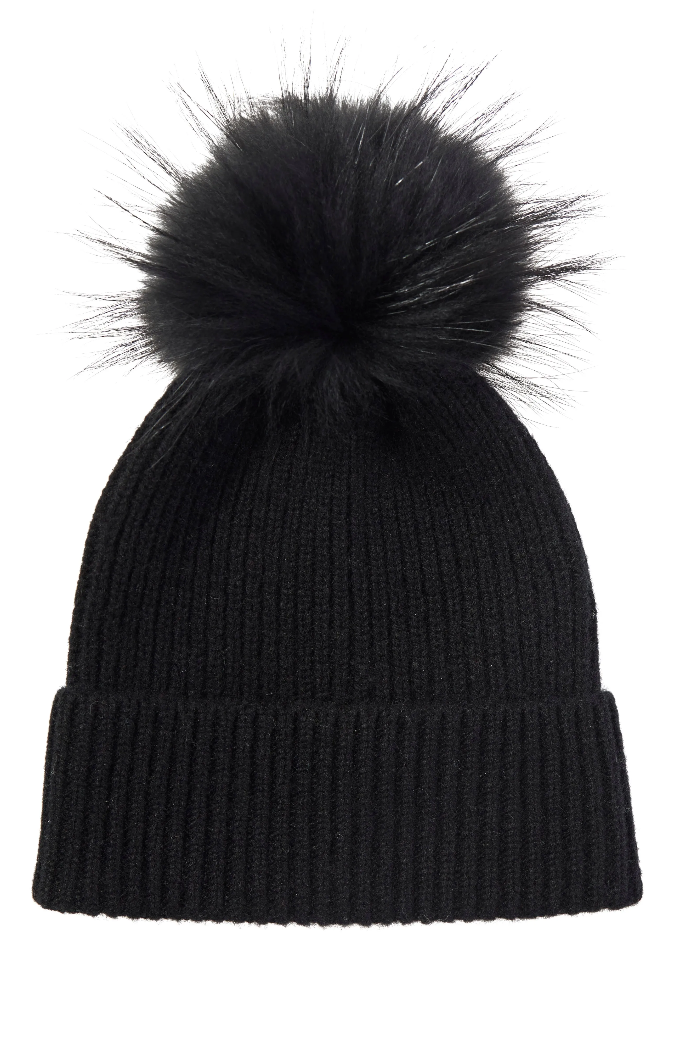 CASHMERE CHUNKY RIB KNIT HAT WITH FUR POM