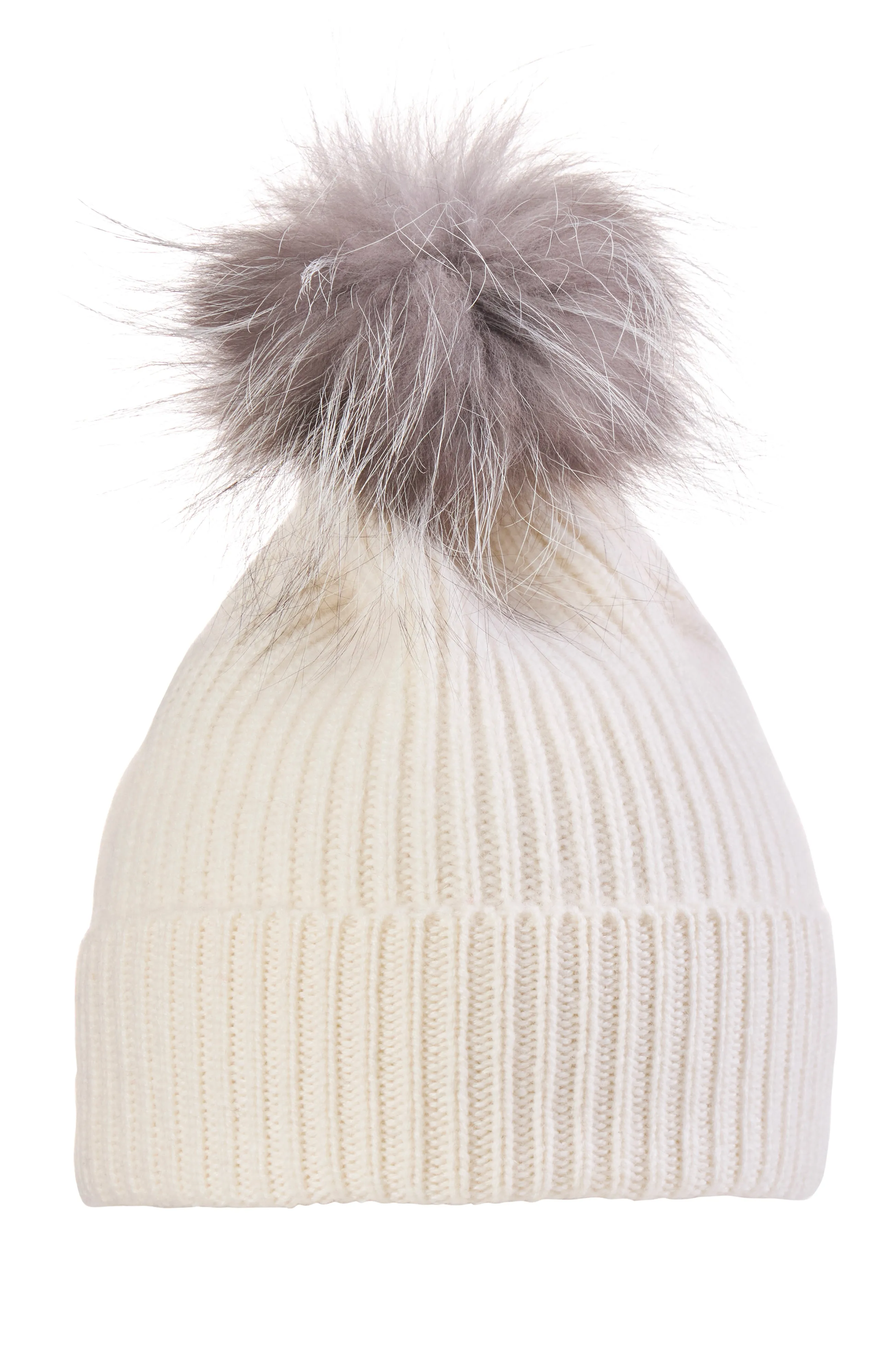 CASHMERE CHUNKY RIB KNIT HAT WITH FUR POM