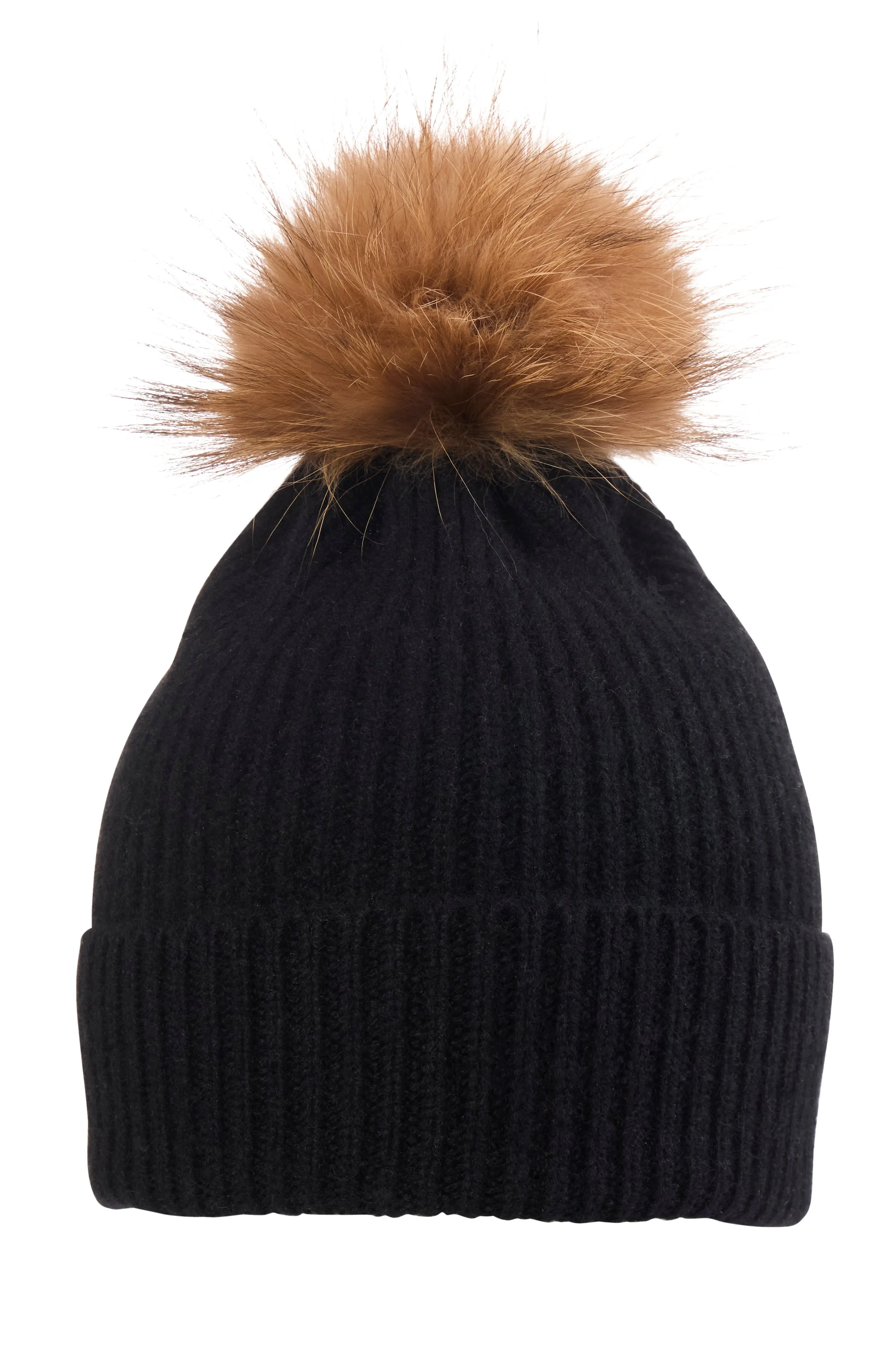 CASHMERE CHUNKY RIB KNIT HAT WITH FUR POM