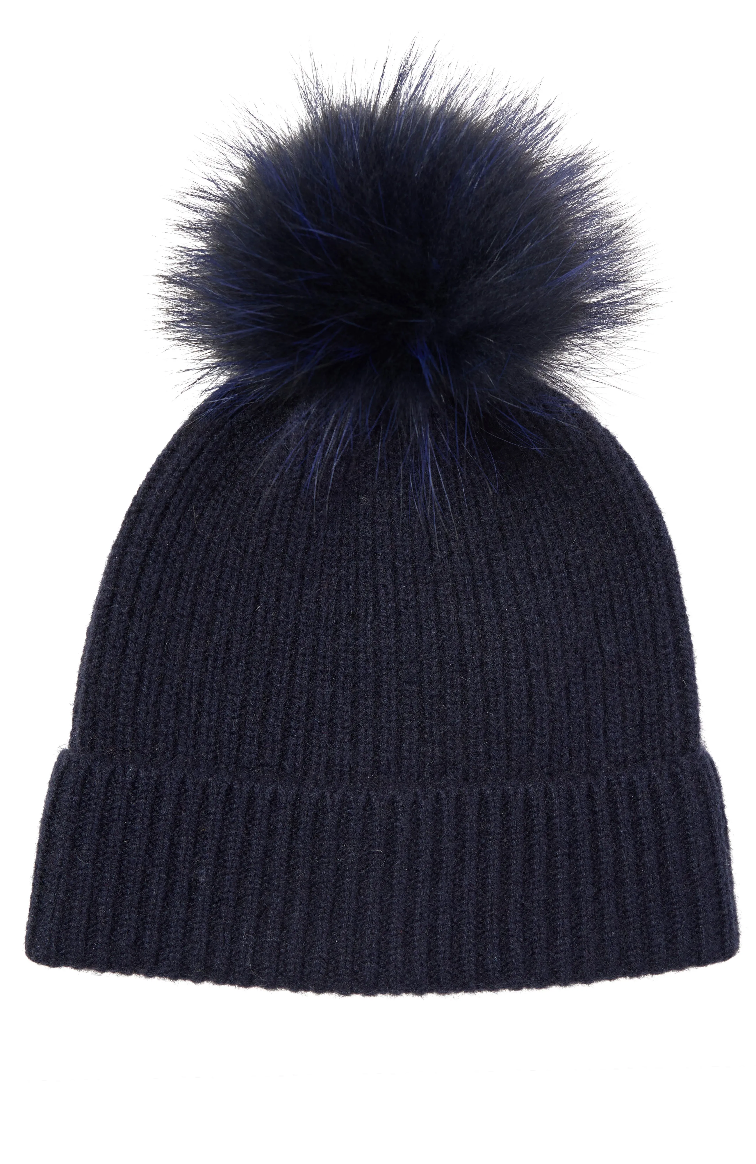 CASHMERE CHUNKY RIB KNIT HAT WITH FUR POM