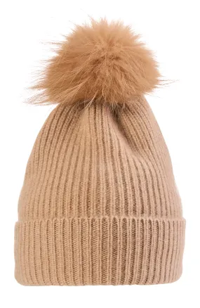 CASHMERE CHUNKY RIB KNIT HAT WITH FUR POM