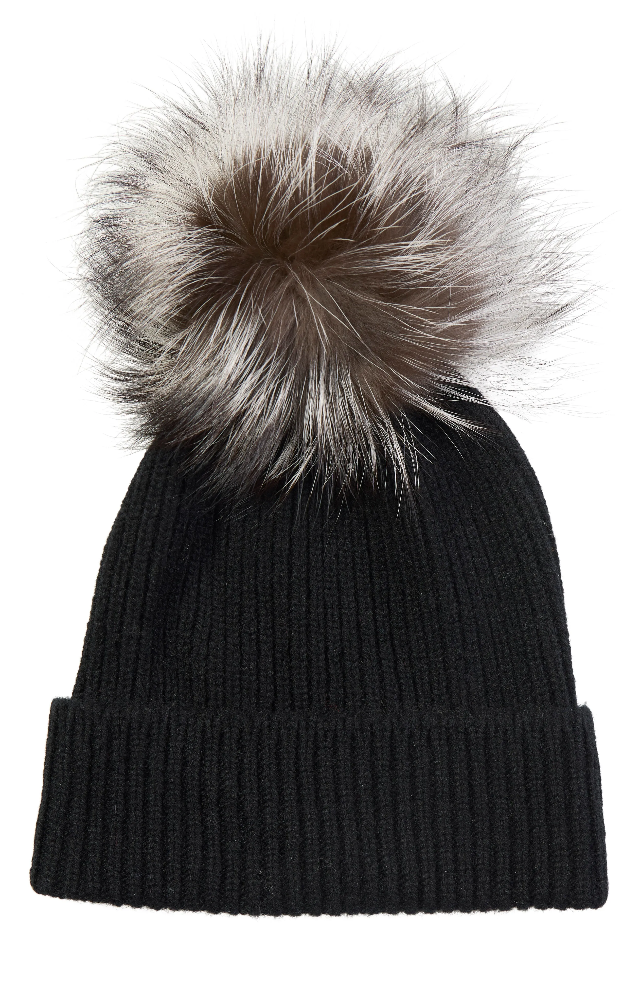 CASHMERE CHUNKY RIB KNIT HAT WITH FUR POM