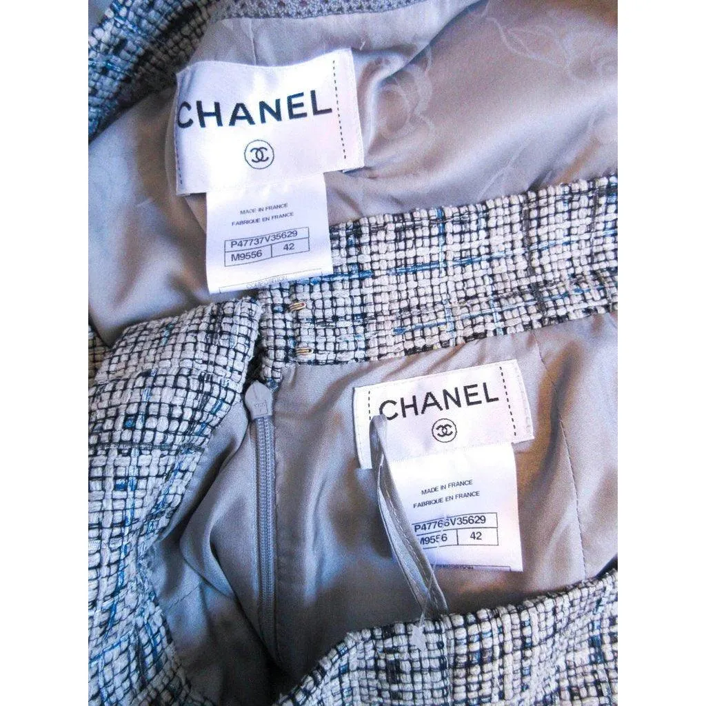 CHANEL Grey and Blue Skirt Suit | Size 42