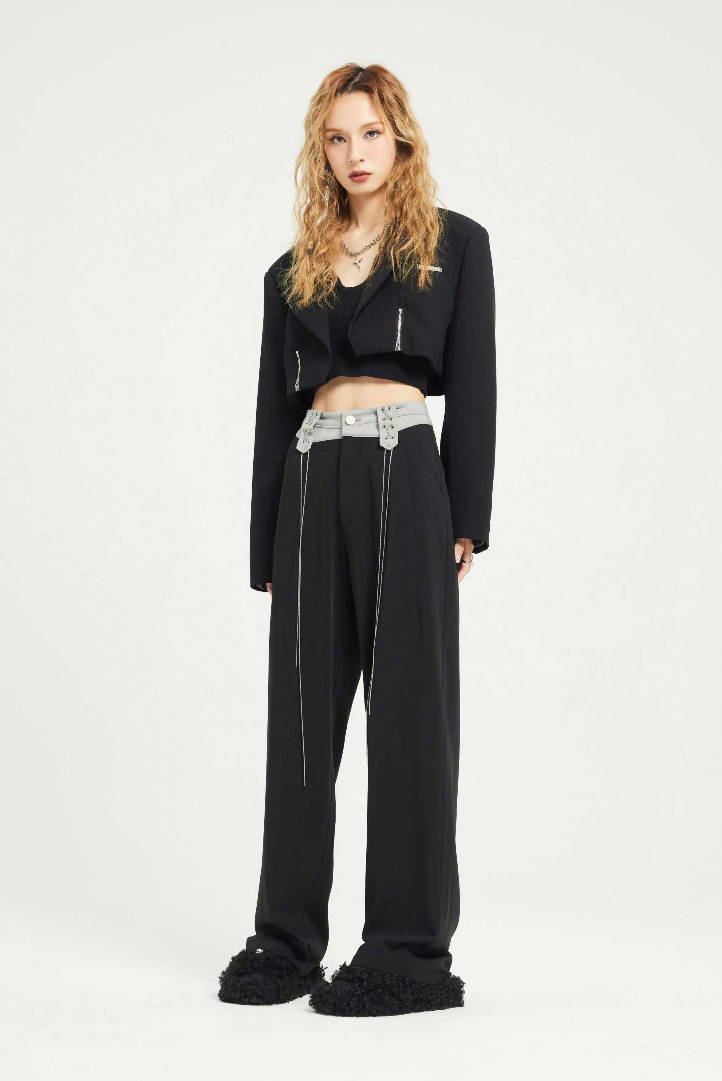 Contrast Waist Straight Fit Pants