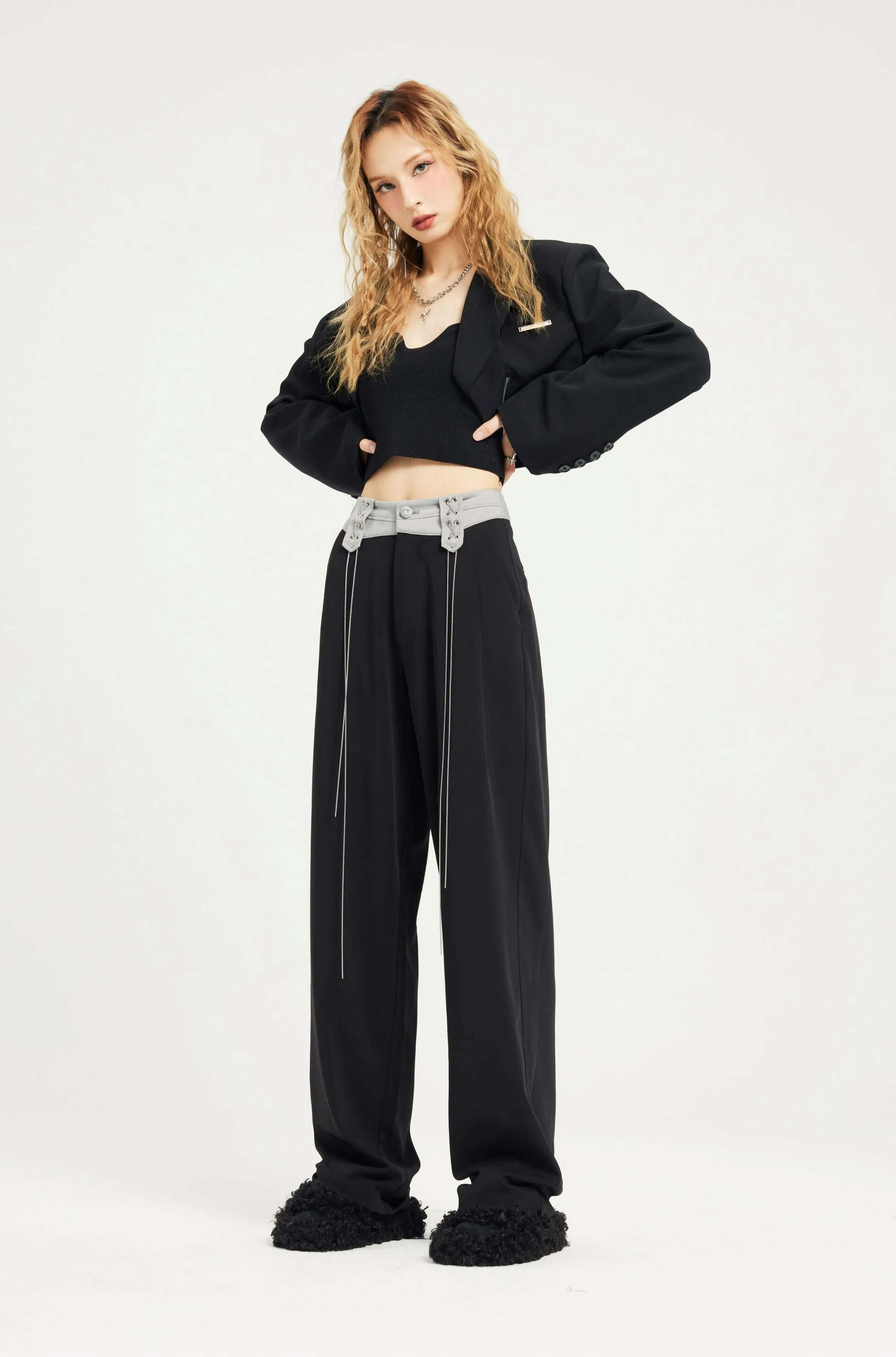 Contrast Waist Straight Fit Pants