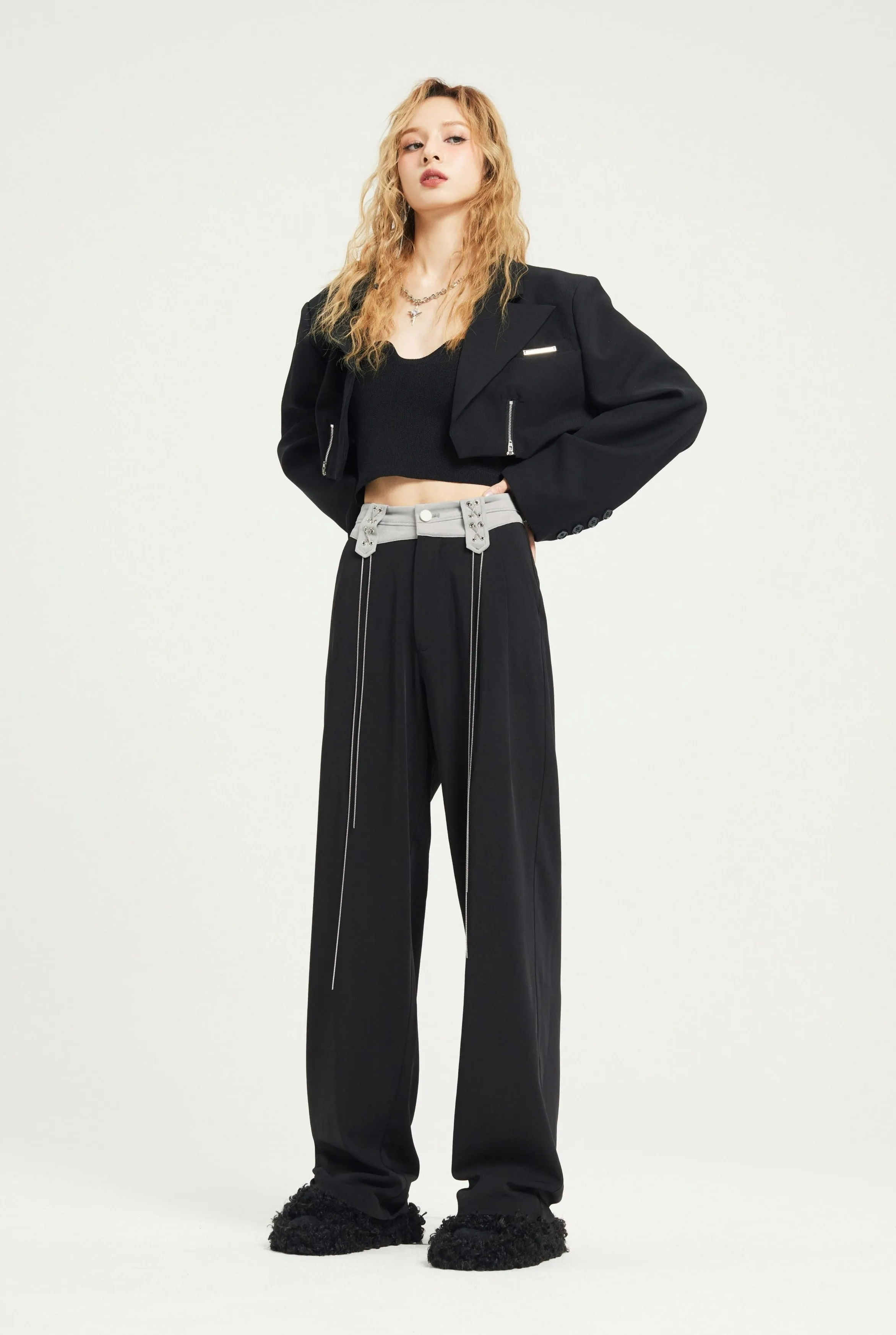 Contrast Waist Straight Fit Pants