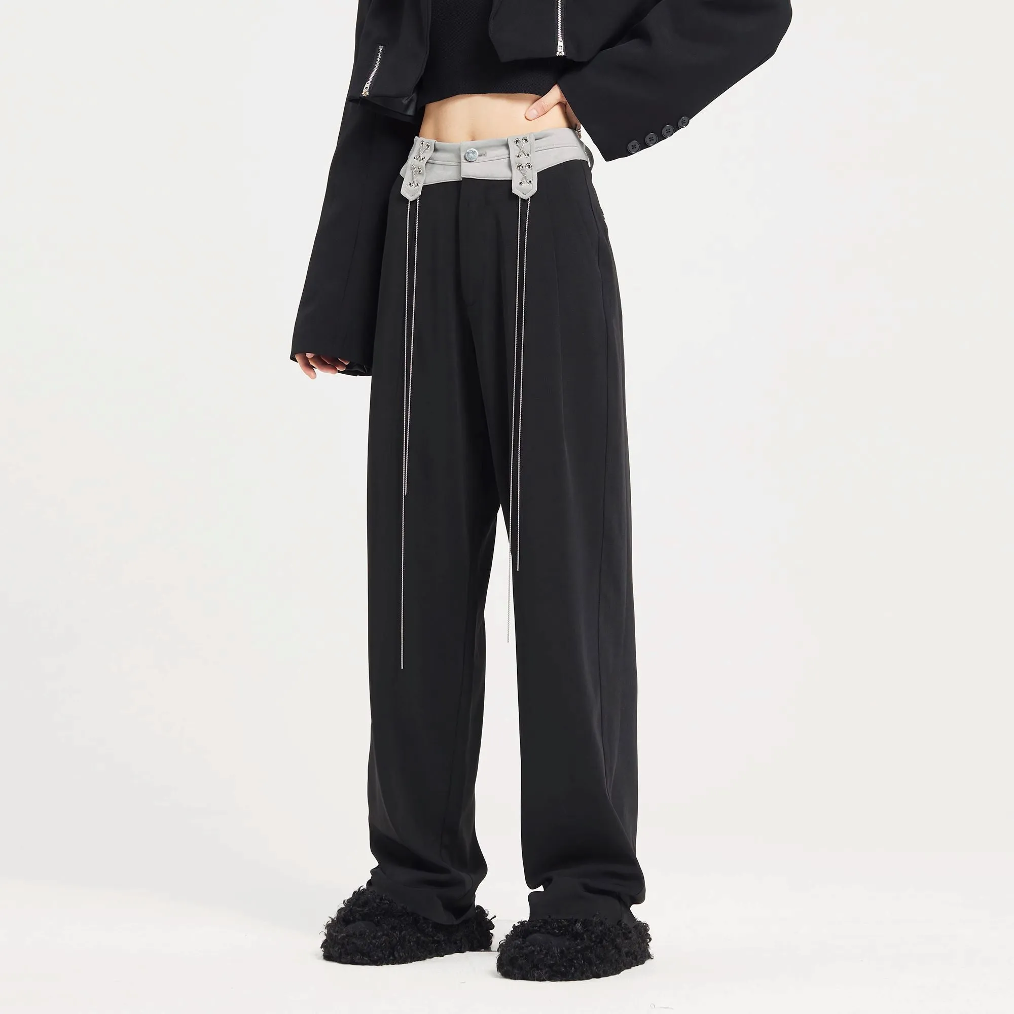 Contrast Waist Straight Fit Pants