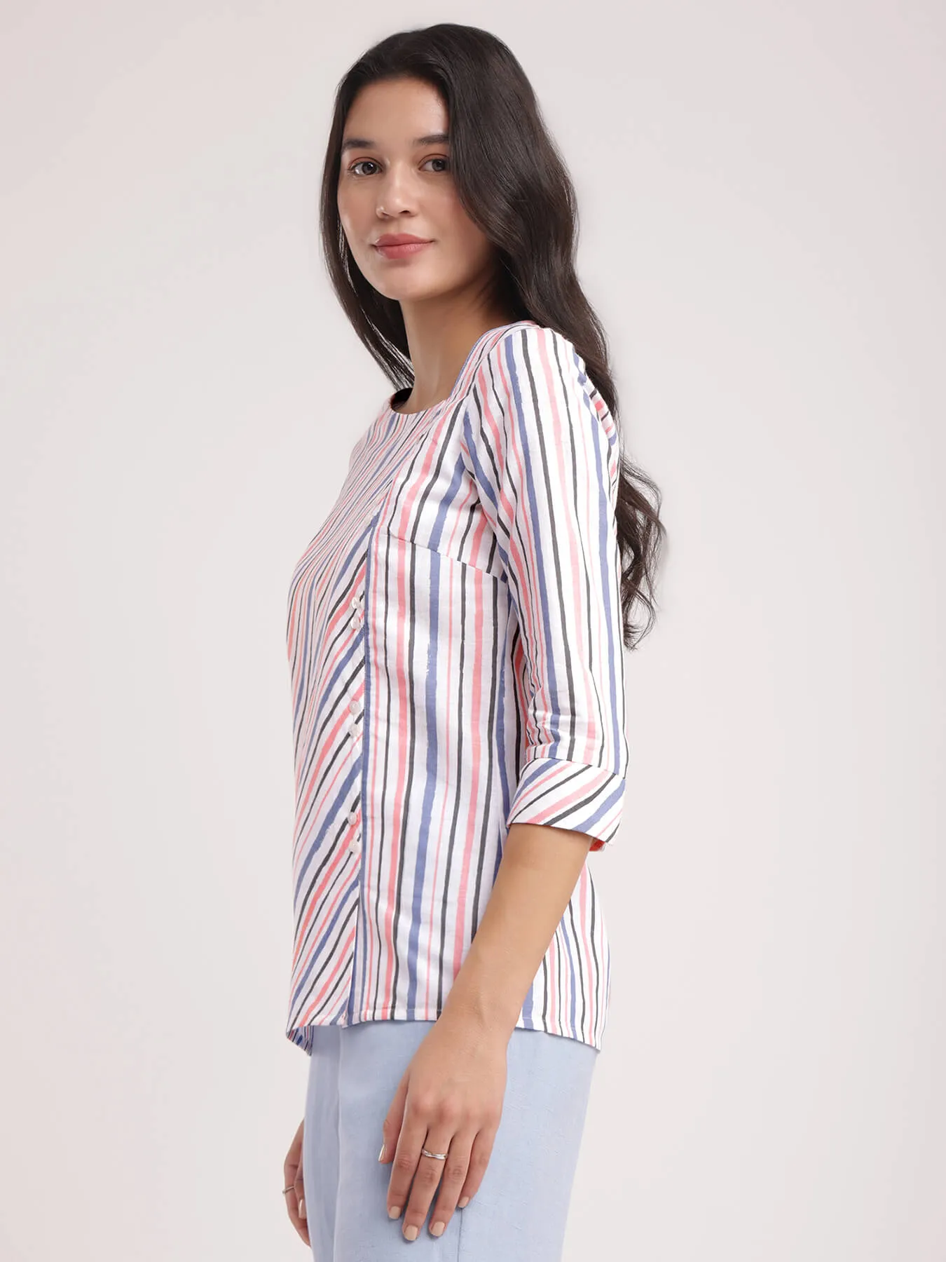 Cotton Asymmetrical Neck Top - Multicolour