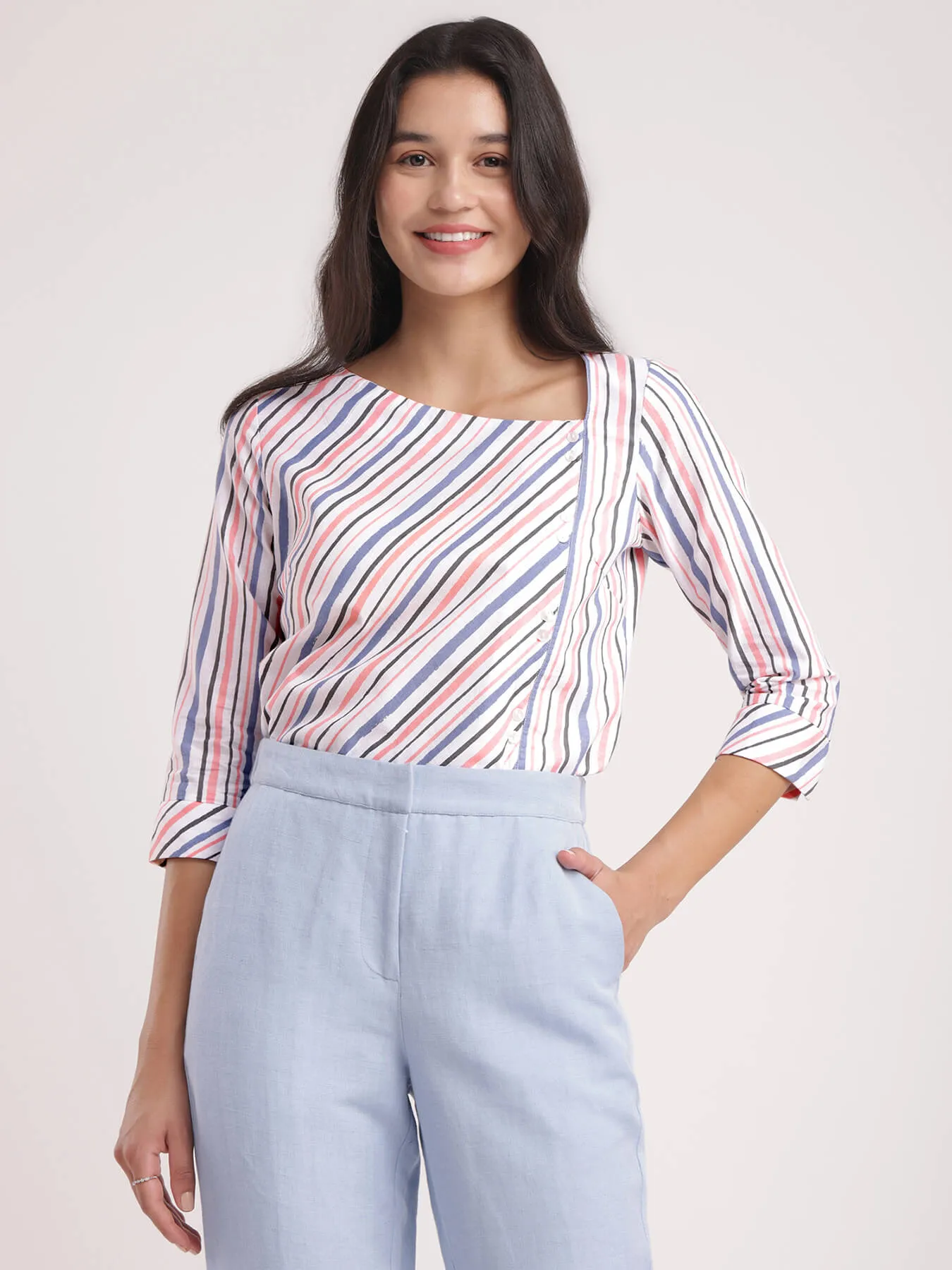 Cotton Asymmetrical Neck Top - Multicolour