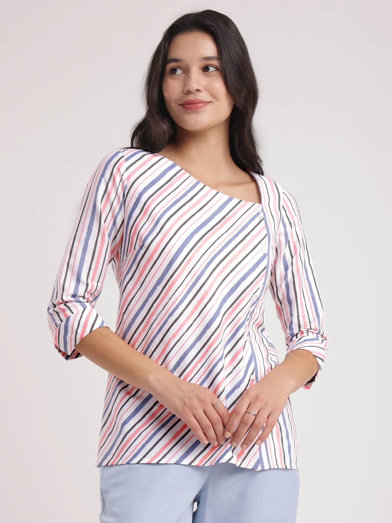 Cotton Asymmetrical Neck Top - Multicolour