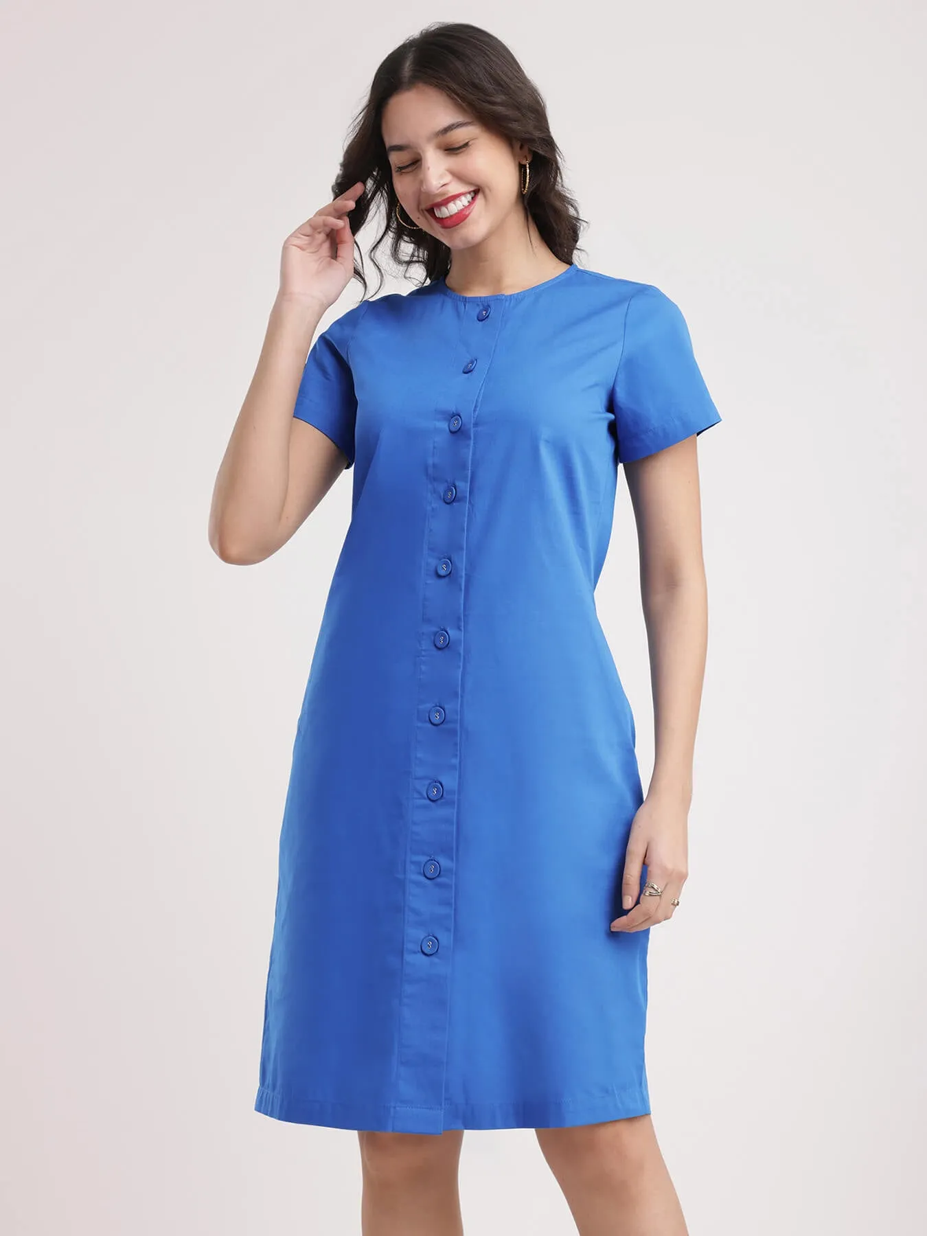 Cotton Shirt Dress - Royal Blue