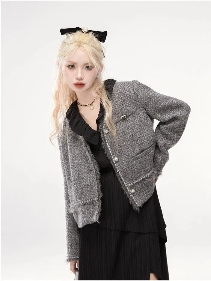 Cropped Tweed Jacket with Fringe Trim and Faux Pearl Details