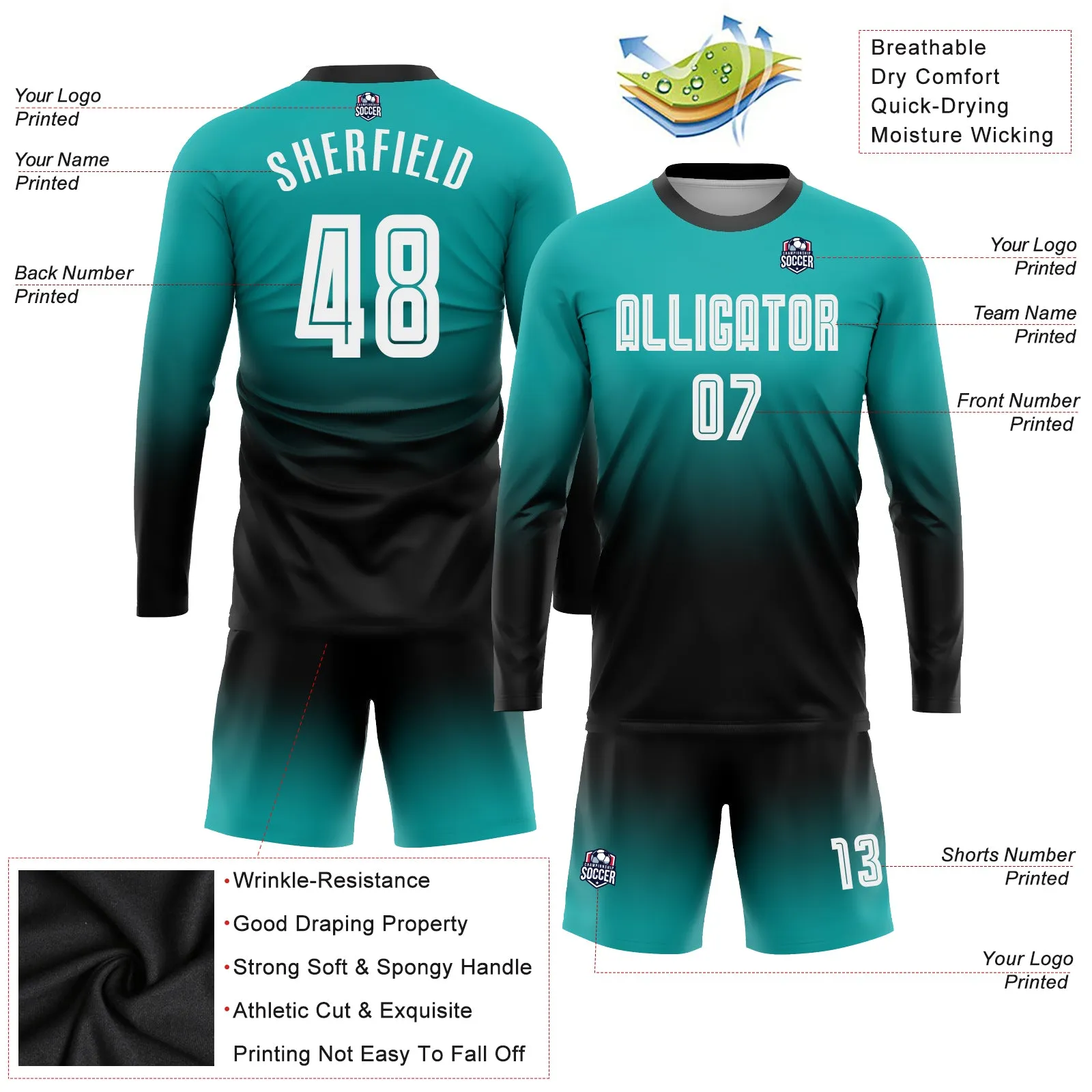 Custom Aqua White-Black Sublimation Long Sleeve Fade Fashion Soccer Uniform Jersey