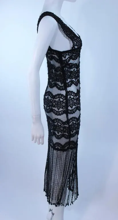 CUSTOM Sheer Stretch Black Lace Dress with Fringe Size 2-4