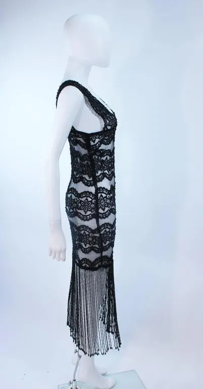 CUSTOM Sheer Stretch Black Lace Dress with Fringe Size 2-4