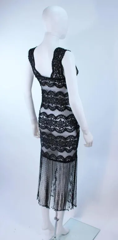 CUSTOM Sheer Stretch Black Lace Dress with Fringe Size 2-4