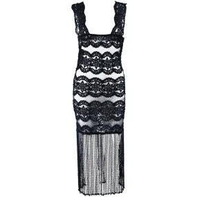 CUSTOM Sheer Stretch Black Lace Dress with Fringe Size 2-4