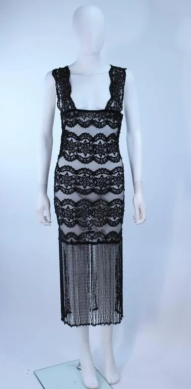 CUSTOM Sheer Stretch Black Lace Dress with Fringe Size 2-4