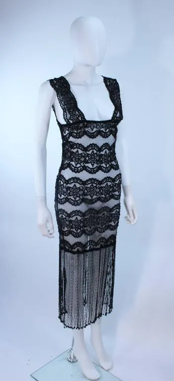 CUSTOM Sheer Stretch Black Lace Dress with Fringe Size 2-4