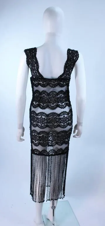 CUSTOM Sheer Stretch Black Lace Dress with Fringe Size 2-4