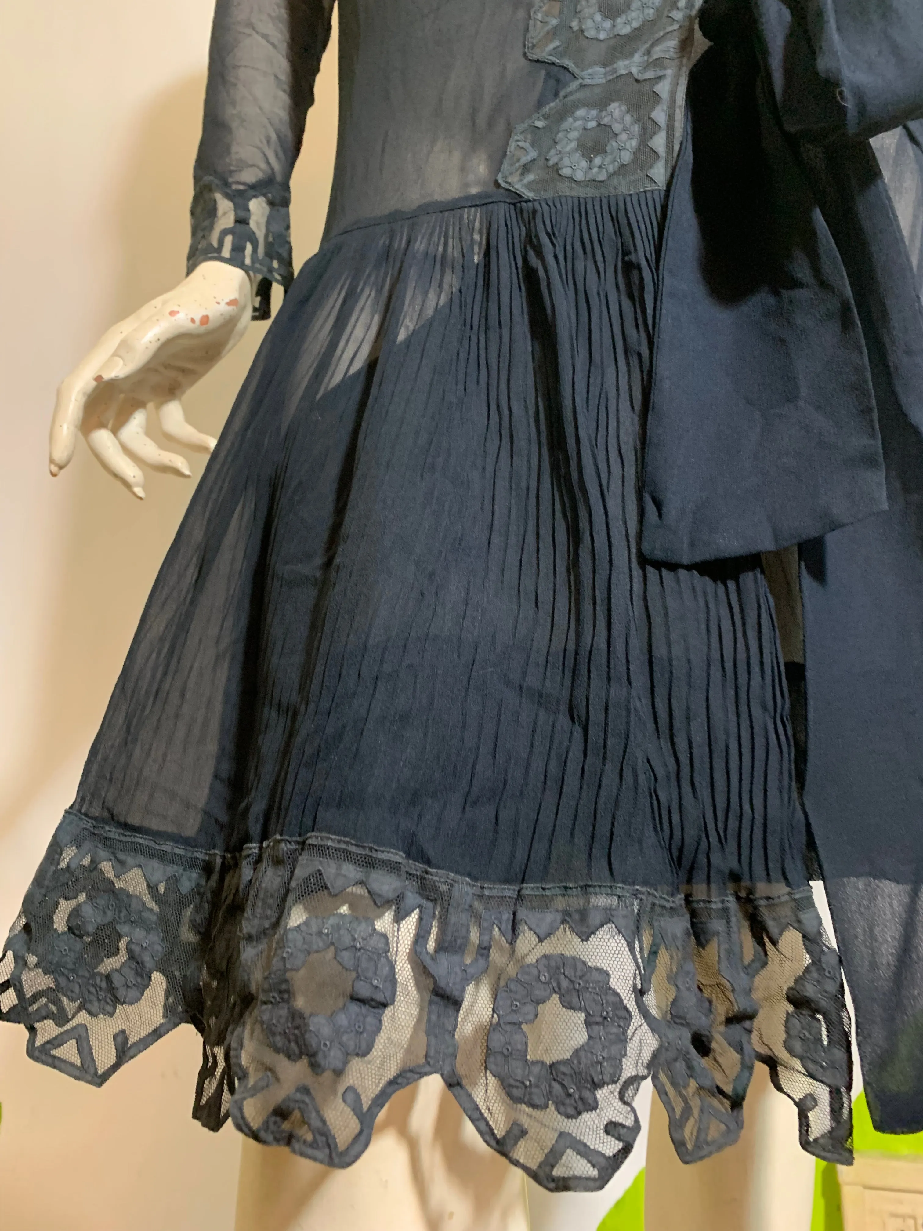 Deep Blue Sheer Silk Dropped Waist Dress with Pleated Lace Trim circa 1920s