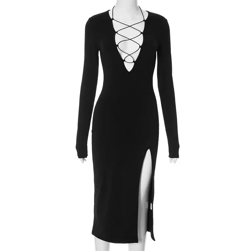 Deep V Neck Long Sleeve Bodycon Black Bandage Fall Split Midi Clubwear Cut Out Dress