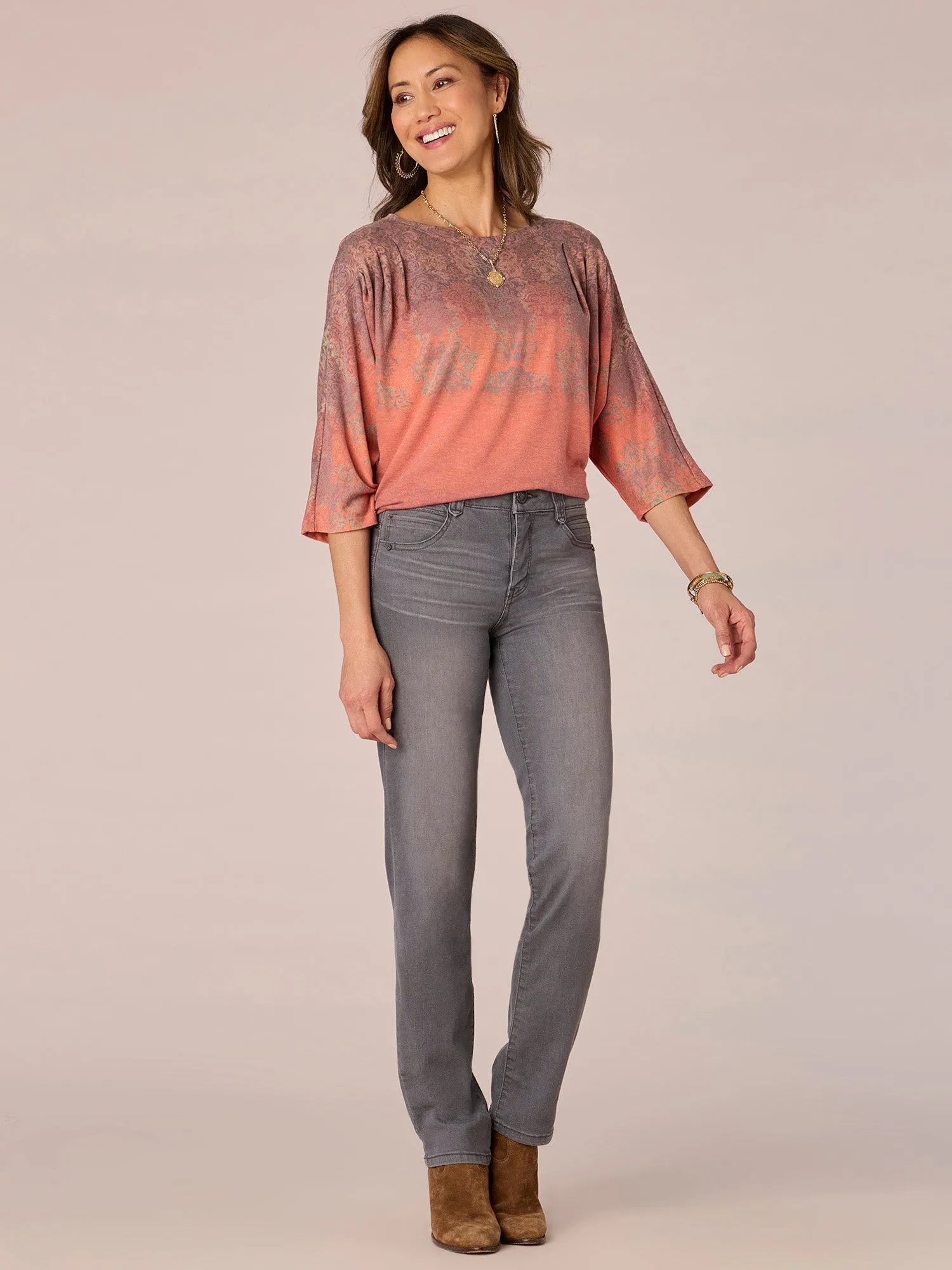 Dolman Sleeve Pleated Shoulder Scoop Neck Ombre Print Petite Knit Top