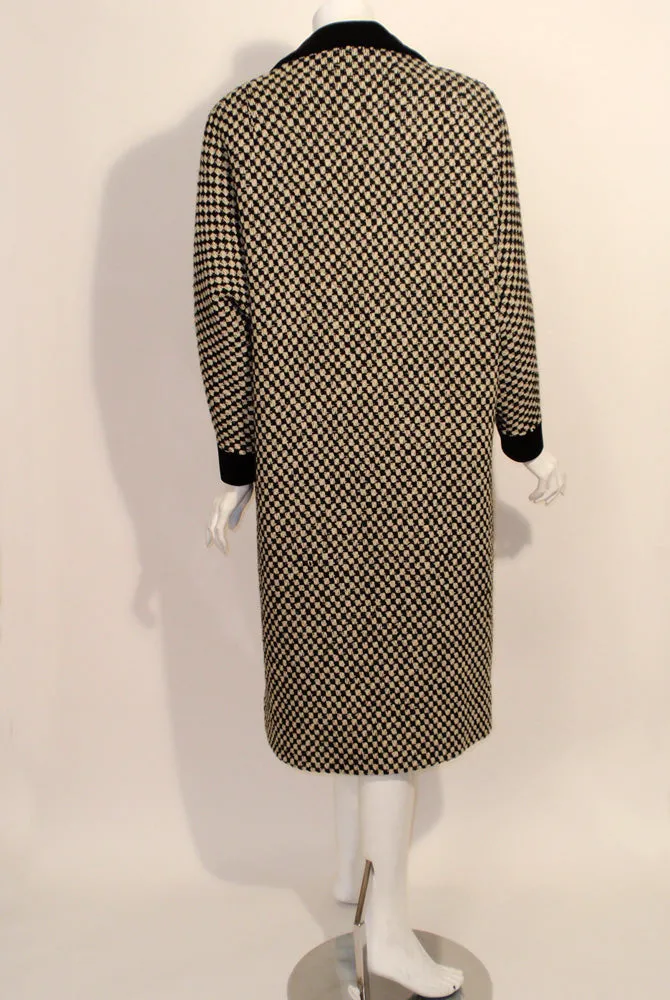 DON LOPER Black and White Checkered Overcoat w/ Velvet Trim