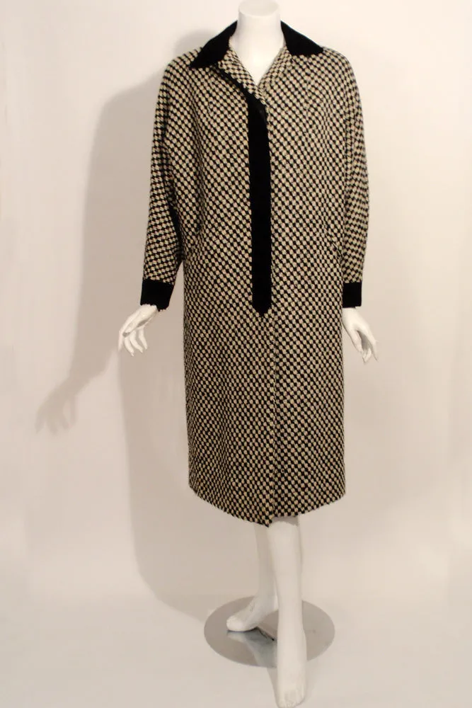 DON LOPER Black and White Checkered Overcoat w/ Velvet Trim