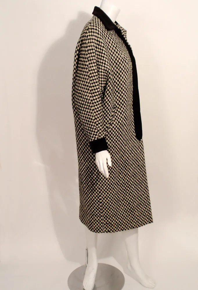 DON LOPER Black and White Checkered Overcoat w/ Velvet Trim