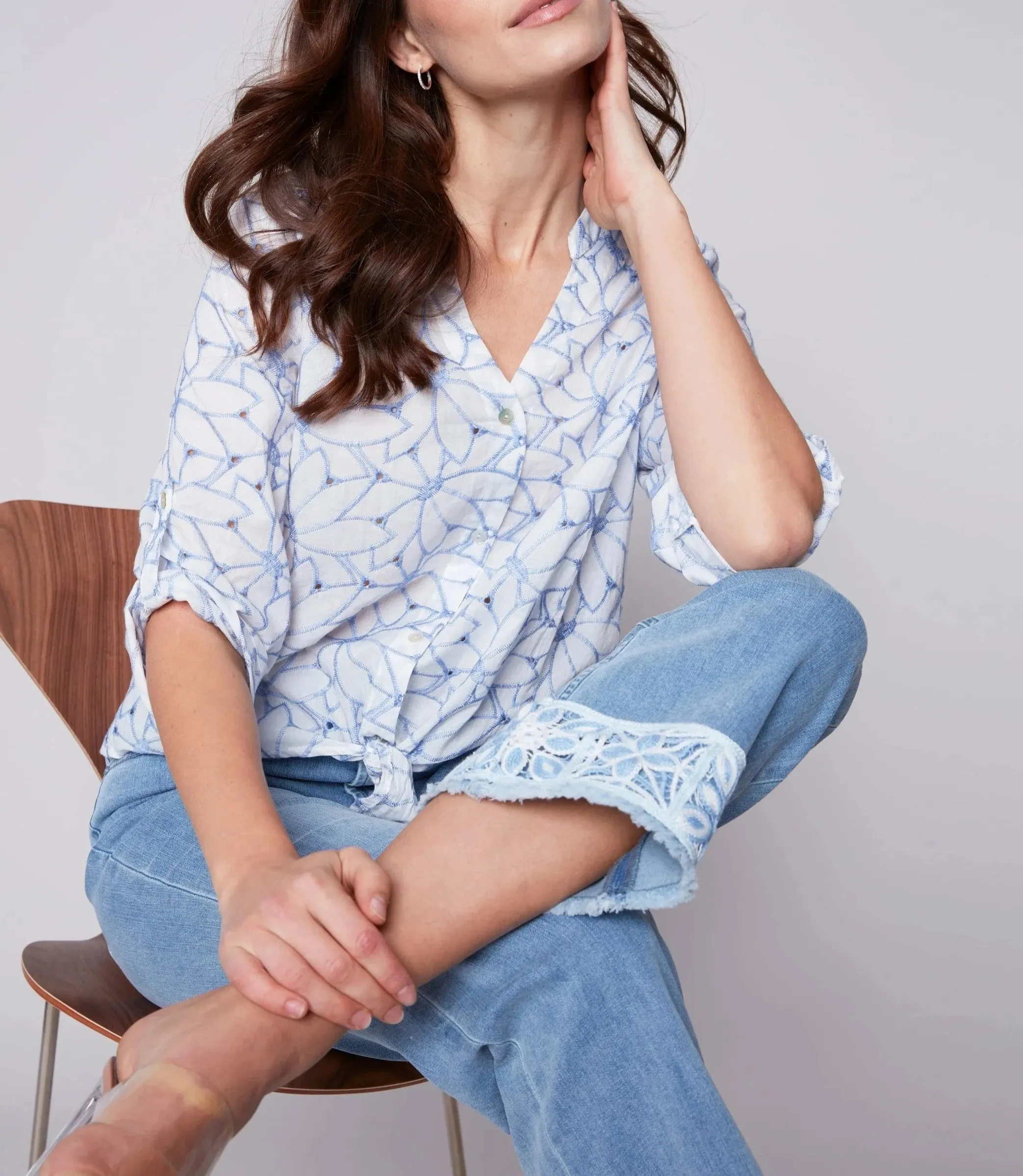 Embroidered Front Tie Cotton Blouse