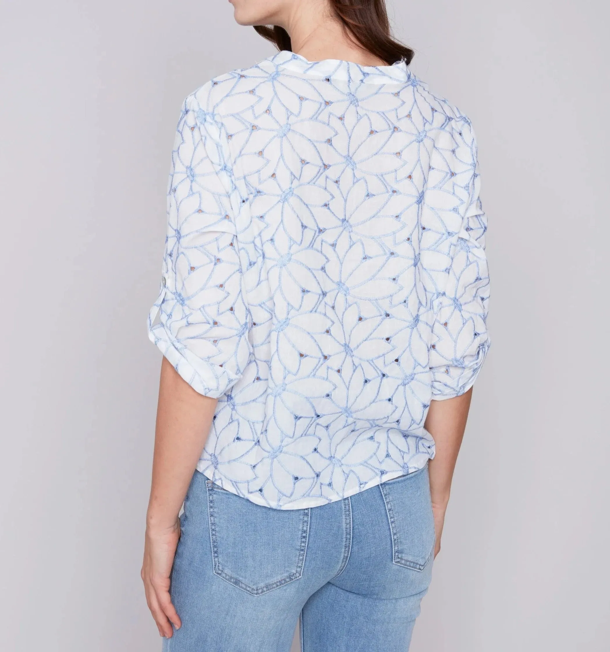 Embroidered Front Tie Cotton Blouse