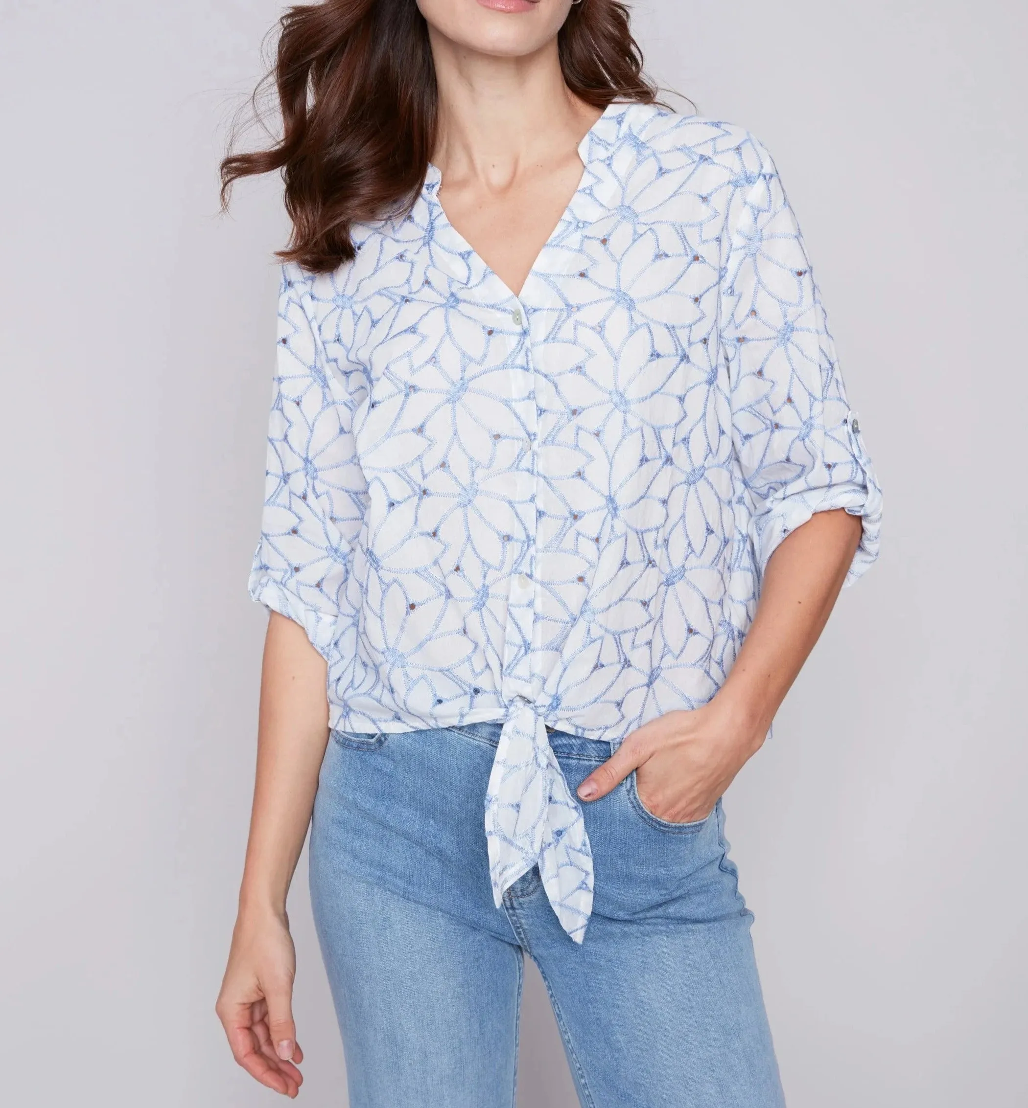 Embroidered Front Tie Cotton Blouse