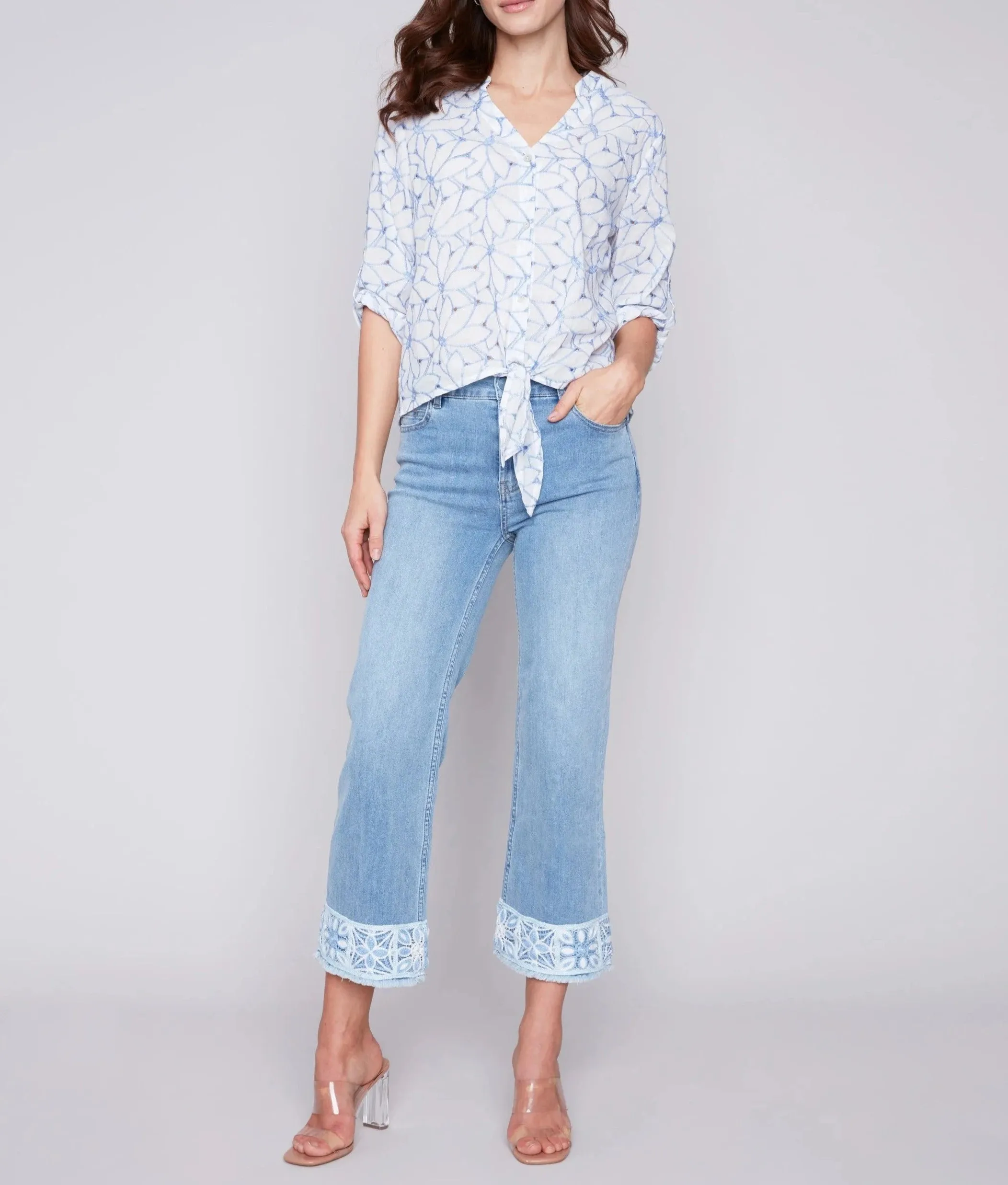 Embroidered Front Tie Cotton Blouse