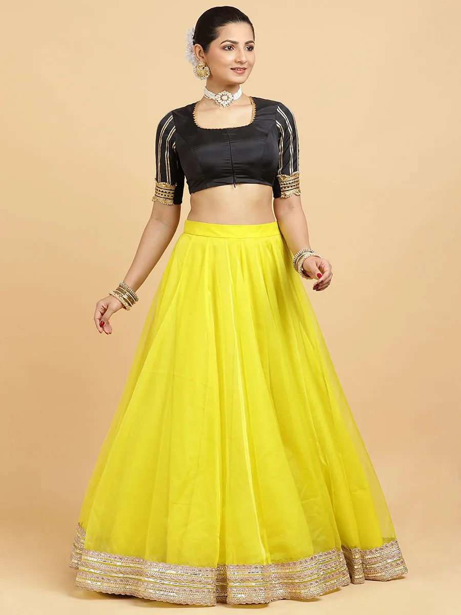 Farah Aziza 3-Piece Lehenga Set | Lemon Yellow Lehenga, Charcoal Black Blouse | With Leela Red Dupatta