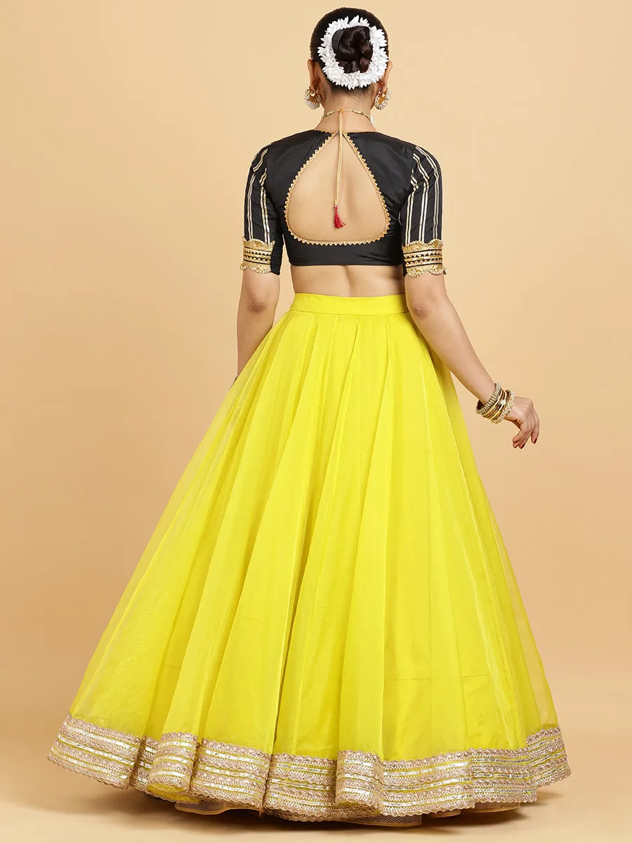 Farah Aziza 3-Piece Lehenga Set | Lemon Yellow Lehenga, Charcoal Black Blouse | With Leela Red Dupatta