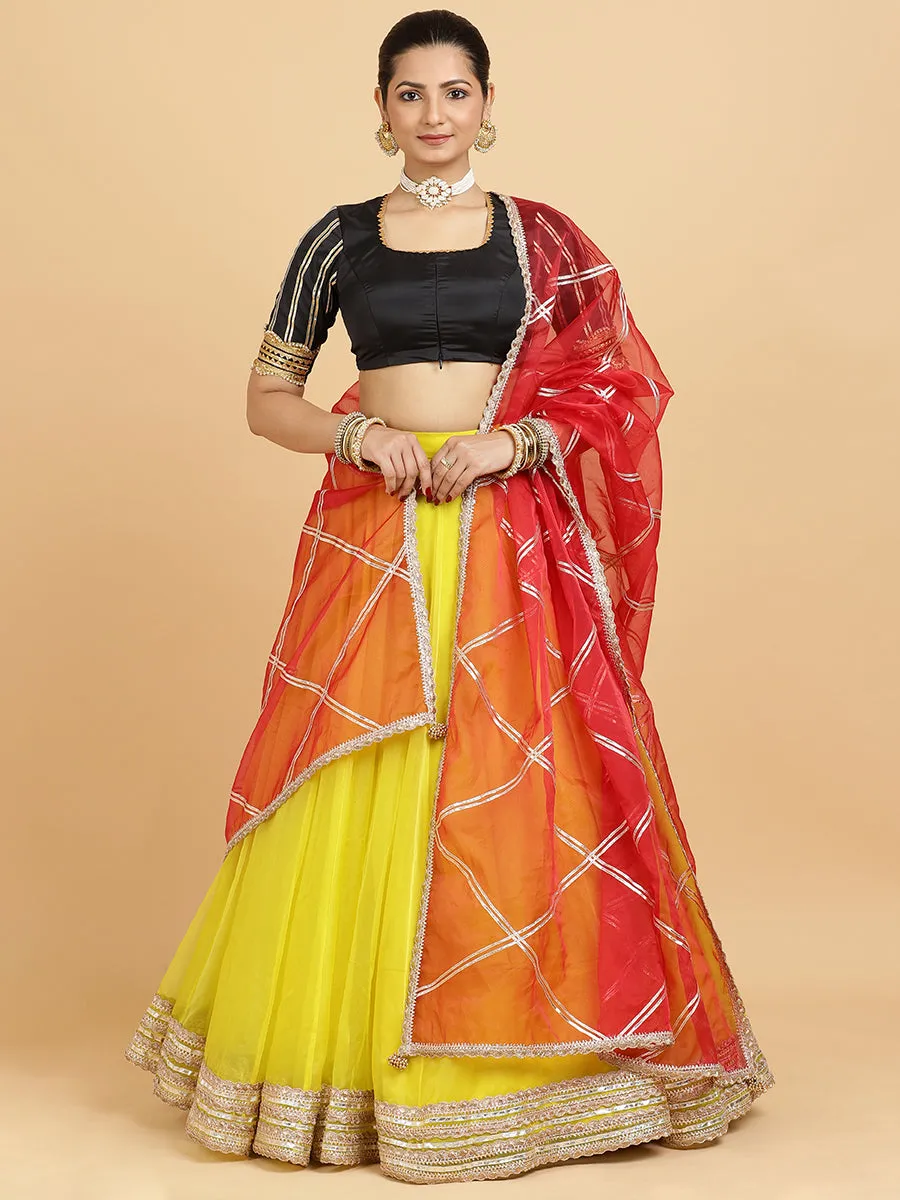 Farah Aziza 3-Piece Lehenga Set | Lemon Yellow Lehenga, Charcoal Black Blouse | With Leela Red Dupatta