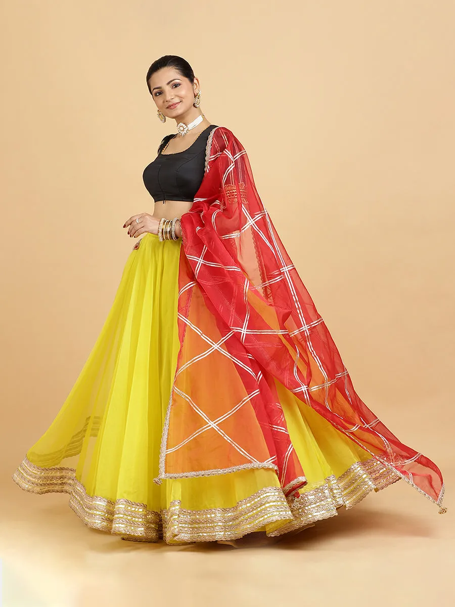 Farah Aziza 3-Piece Lehenga Set | Lemon Yellow Lehenga, Charcoal Black Blouse | With Leela Red Dupatta