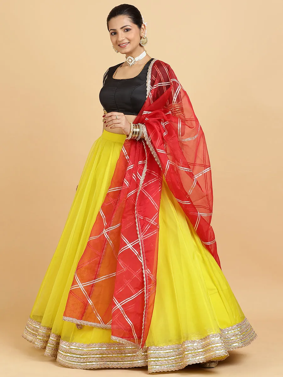 Farah Aziza 3-Piece Lehenga Set | Lemon Yellow Lehenga, Charcoal Black Blouse | With Leela Red Dupatta