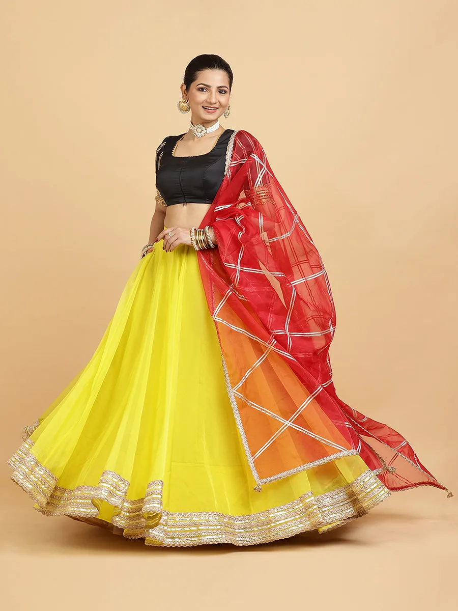 Farah Aziza 3-Piece Lehenga Set | Lemon Yellow Lehenga, Charcoal Black Blouse | With Leela Red Dupatta