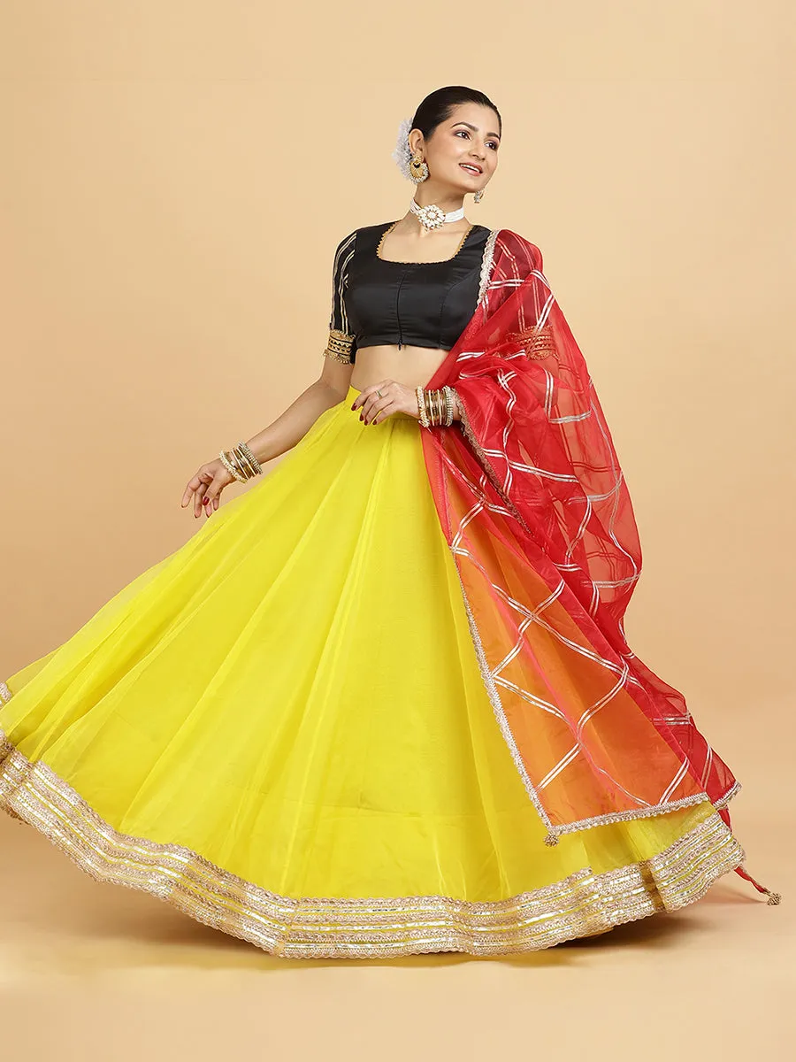 Farah Aziza 3-Piece Lehenga Set | Lemon Yellow Lehenga, Charcoal Black Blouse | With Leela Red Dupatta