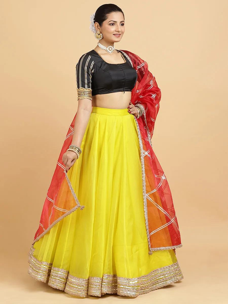 Farah Aziza 3-Piece Lehenga Set | Lemon Yellow Lehenga, Charcoal Black Blouse | With Leela Red Dupatta