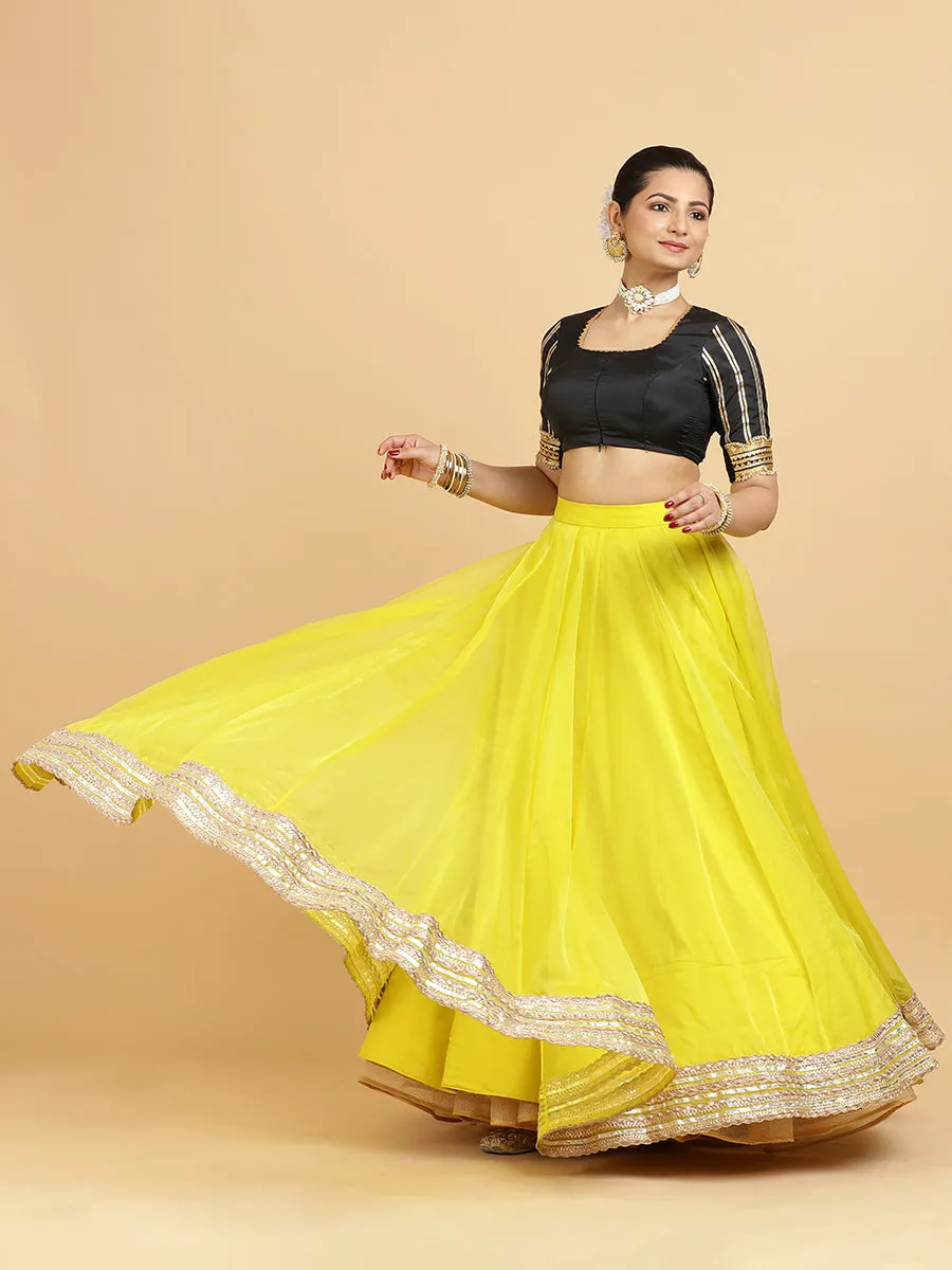 Farah Aziza 3-Piece Lehenga Set | Lemon Yellow Lehenga, Charcoal Black Blouse | With Leela Red Dupatta