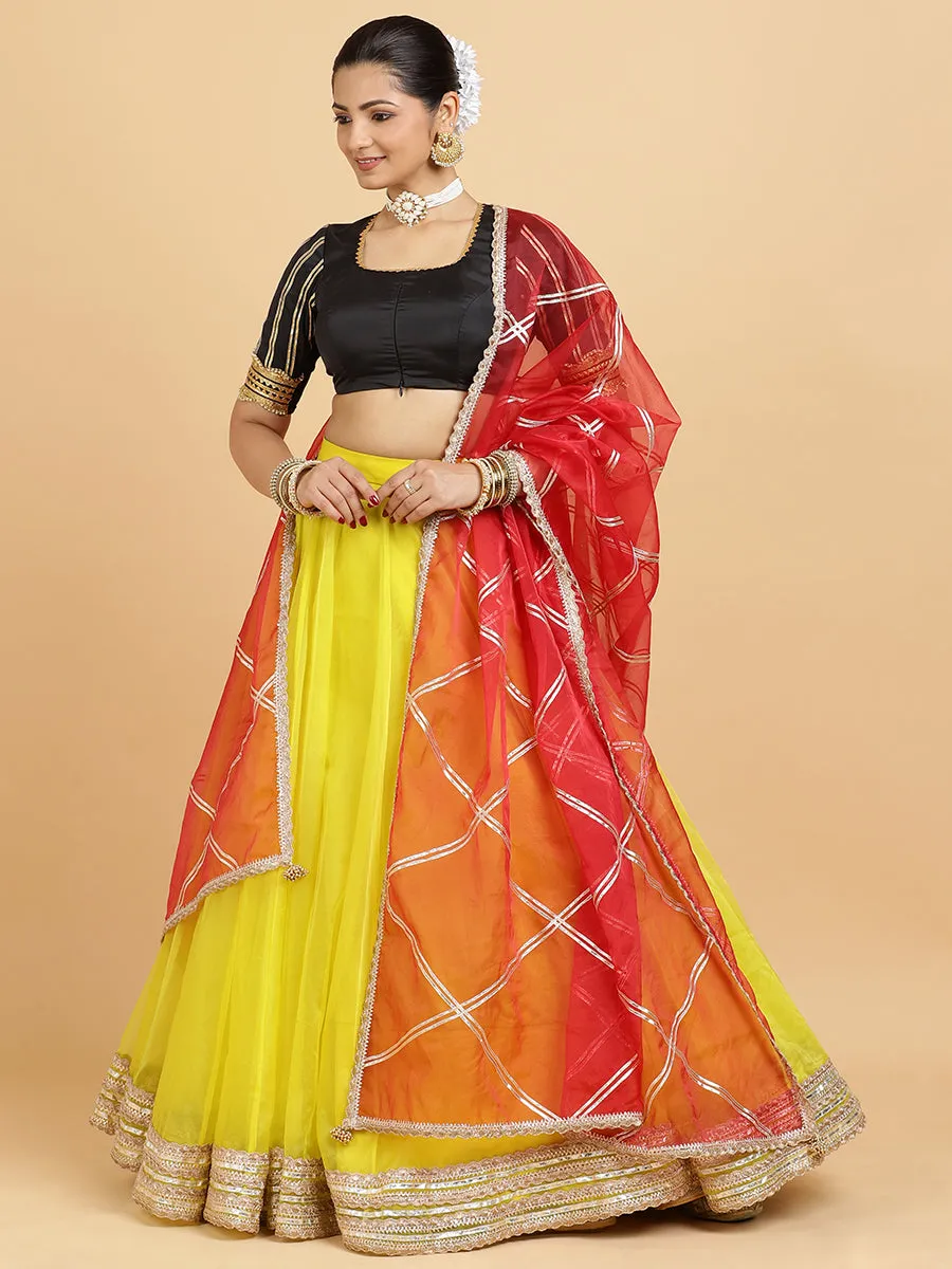 Farah Aziza 3-Piece Lehenga Set | Lemon Yellow Lehenga, Charcoal Black Blouse | With Leela Red Dupatta