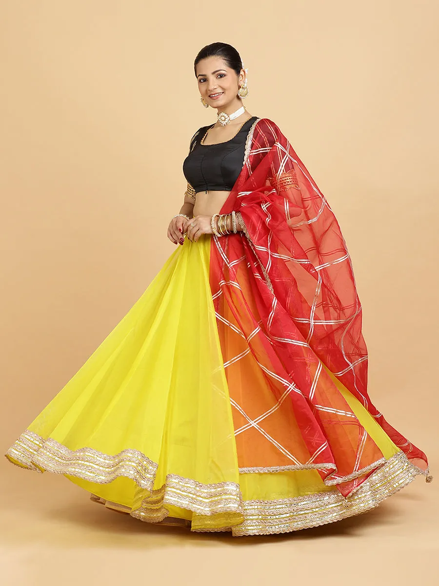 Farah Aziza 3-Piece Lehenga Set | Lemon Yellow Lehenga, Charcoal Black Blouse | With Leela Red Dupatta