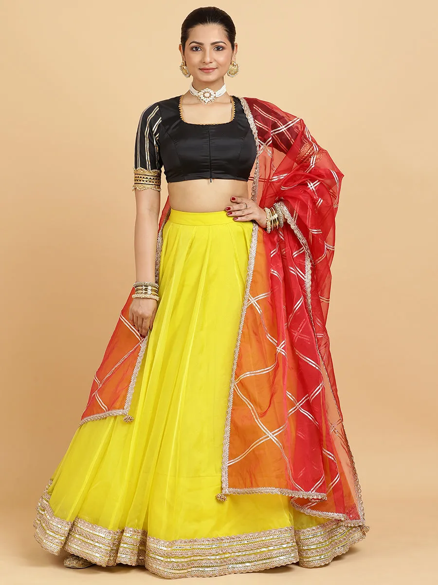 Farah Aziza 3-Piece Lehenga Set | Lemon Yellow Lehenga, Charcoal Black Blouse | With Leela Red Dupatta