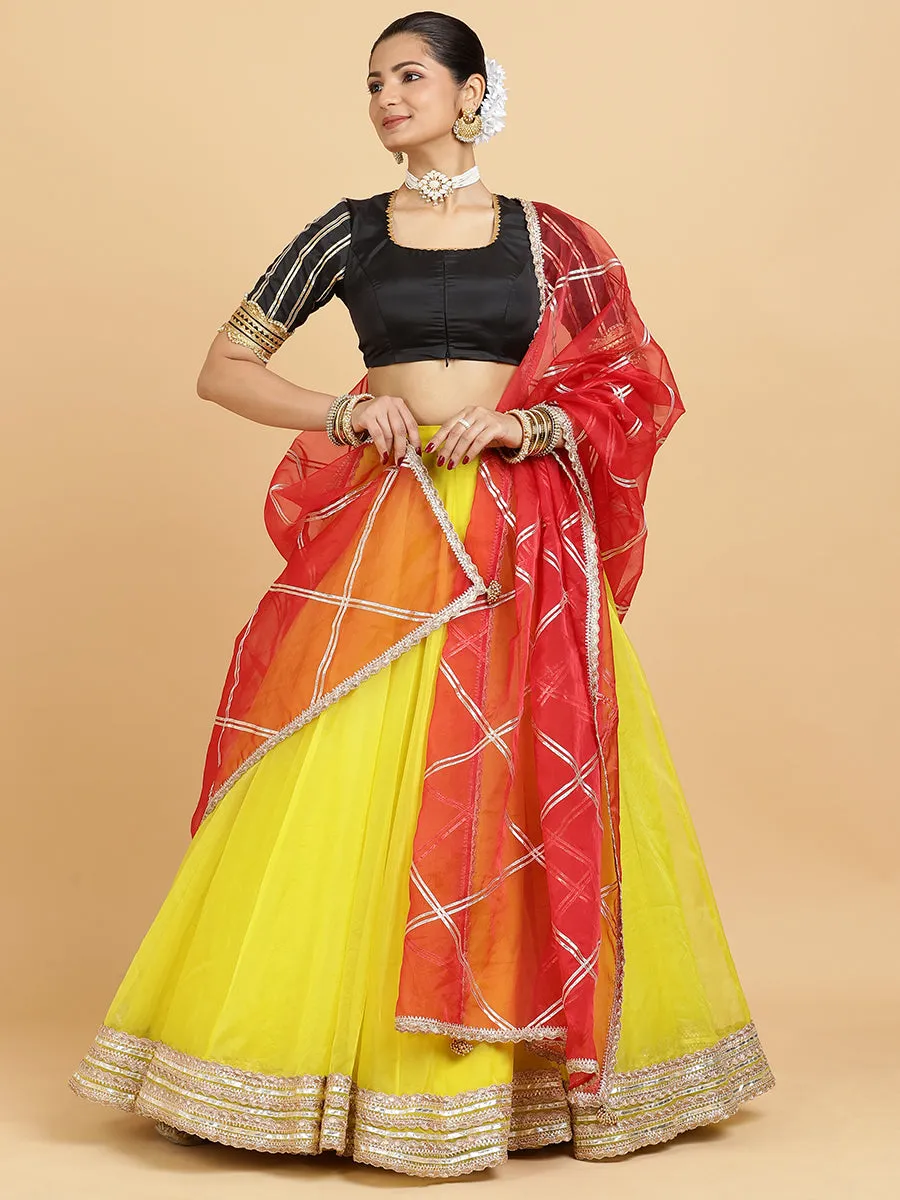 Farah Aziza 3-Piece Lehenga Set | Lemon Yellow Lehenga, Charcoal Black Blouse | With Leela Red Dupatta