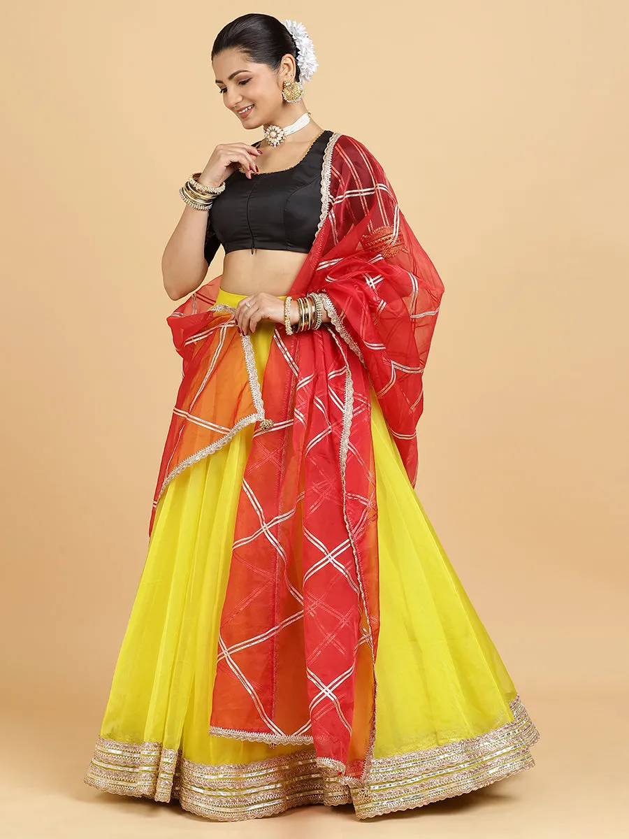 Farah Aziza 3-Piece Lehenga Set | Lemon Yellow Lehenga, Charcoal Black Blouse | With Leela Red Dupatta